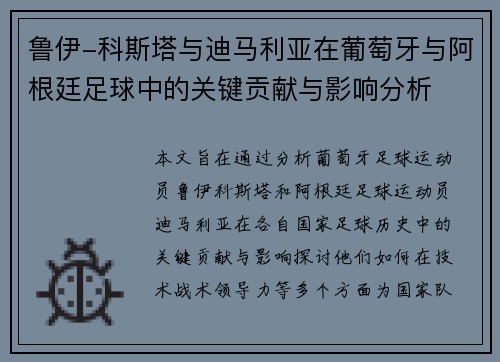 鲁伊-科斯塔与迪马利亚在葡萄牙与阿根廷足球中的关键贡献与影响分析