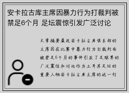 安卡拉古库主席因暴力行为打裁判被禁足6个月 足坛震惊引发广泛讨论 安卡拉古库主席因暴力行为打裁判被禁足6个月 足坛震惊引发广泛讨论