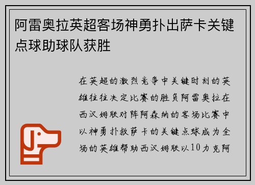 阿雷奥拉英超客场神勇扑出萨卡关键点球助球队获胜 阿雷奥拉英超客场神勇扑出萨卡关键点球助球队获胜