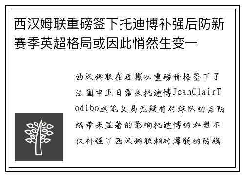 西汉姆联重磅签下托迪博补强后防新赛季英超格局或因此悄然生变一 西汉姆联重磅签下托迪博补强后防新赛季英超格局或因此悄然生变一